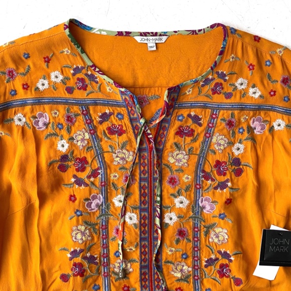 John Mark Nwt Orange Embroidered Split Tie Neck 3/4 Sleeve Petite Tunic Top - Picture 2 of 3